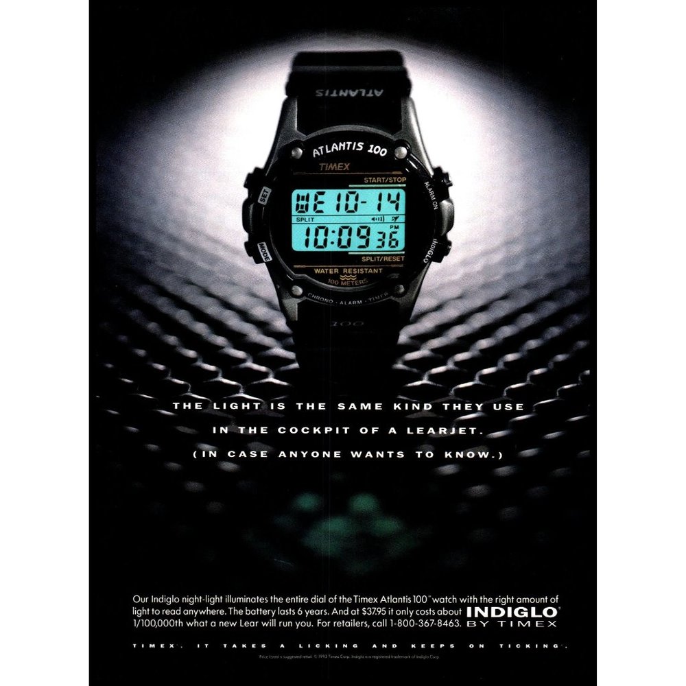 1993 Timex Atlantis 100 Sports Watch Indiglo Vintage Print Ad Wall Art